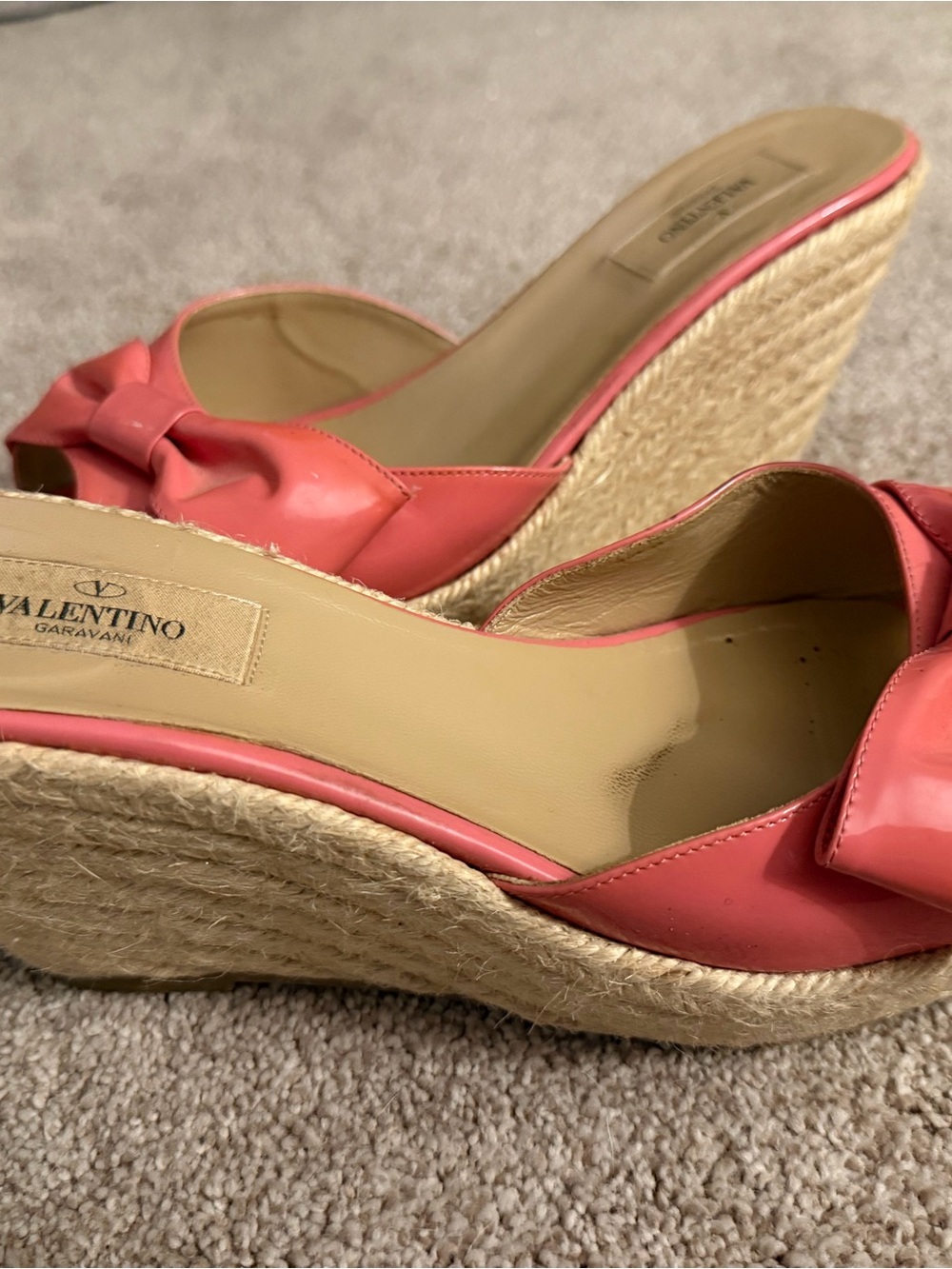 Valentino Garavani Coral Pink Leather Bow Wedge Espadrilles